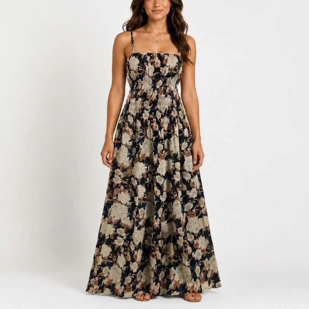 Abercrombie & Fitch Maxi Dress XS‎ Black White Floral Smocked Boho Cottagecore